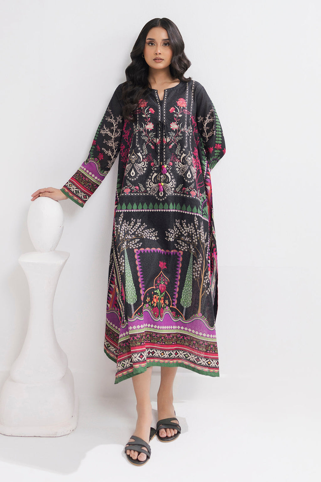 Printed Kaftaan Slub Textured Dress