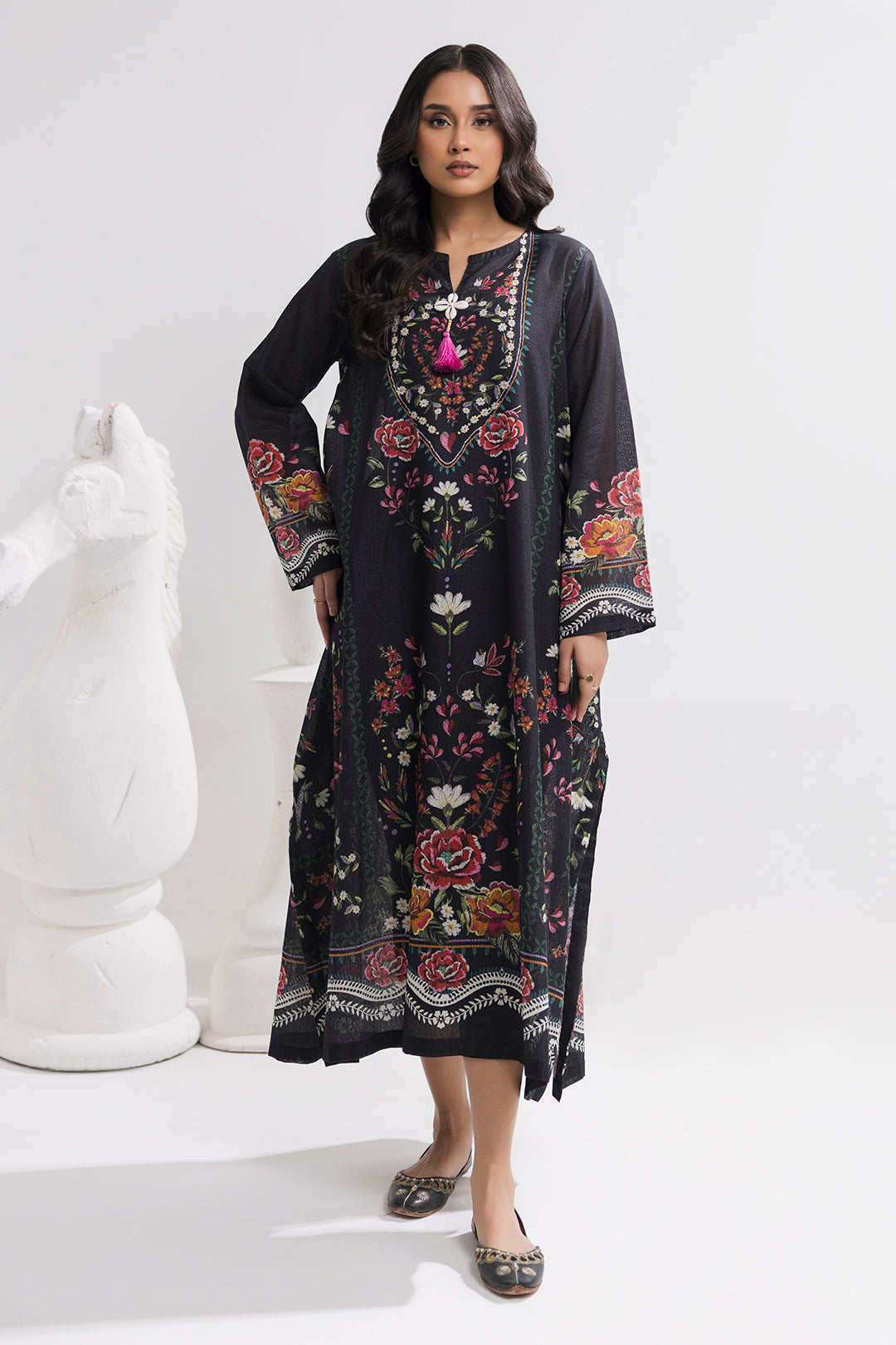 Printed Kaftaan Slub Textured Dress