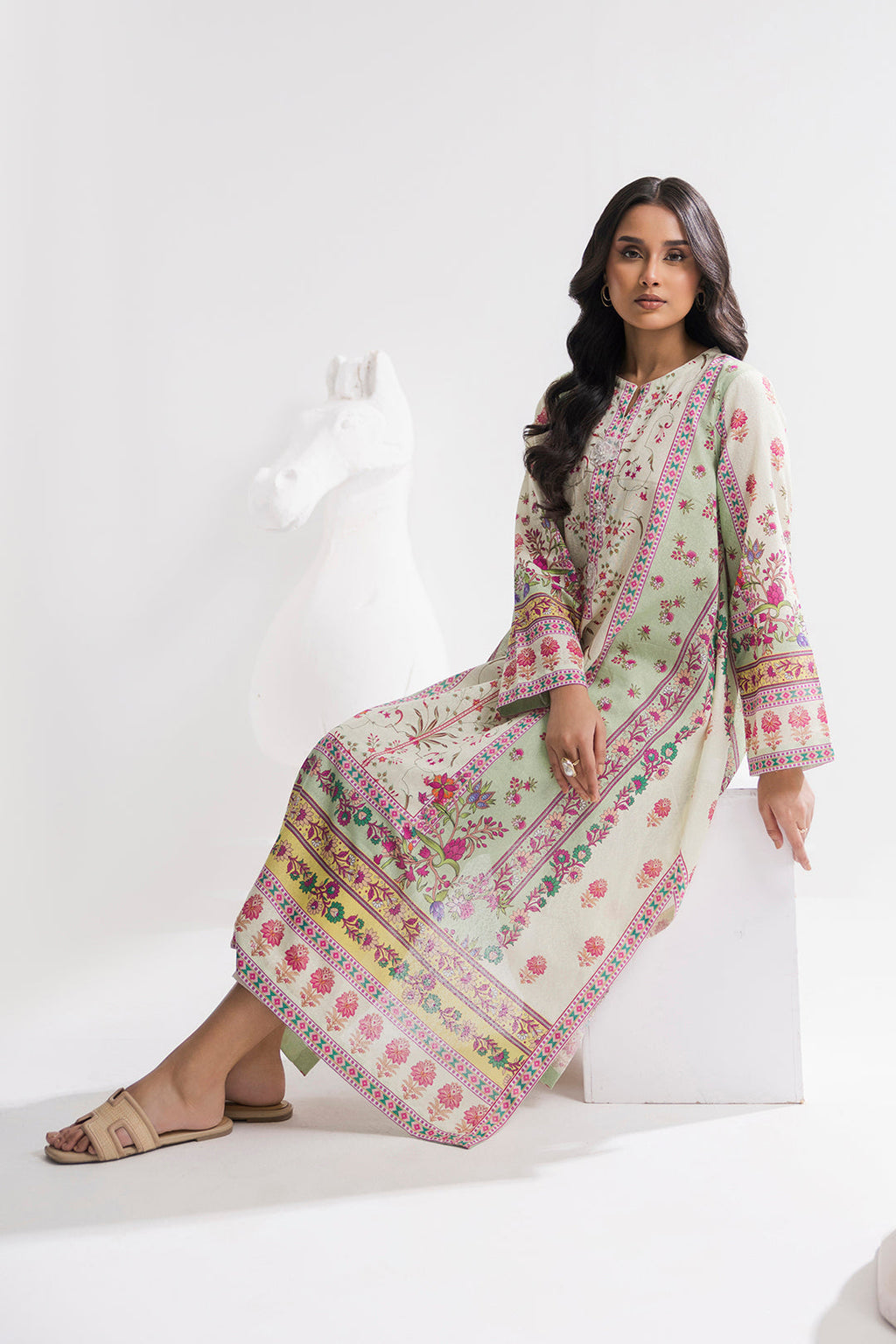 Printed Kaftaan Slub Textured Dress